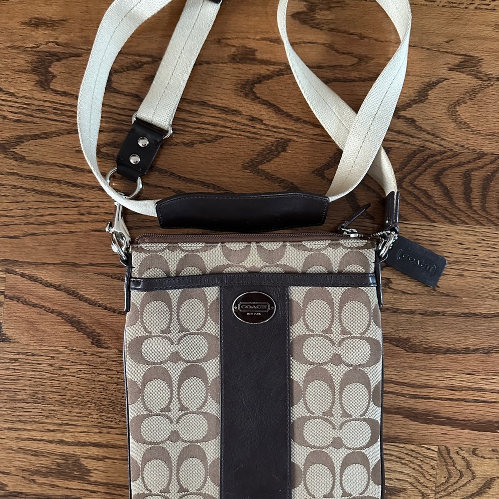Coach Brown and Tan Crossbody Bag with Signature Pattern
